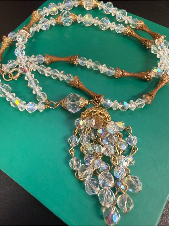 Vintage Jewelry - Vintage Crystal Bead Tassel Necklace - AB Crystals and Gold